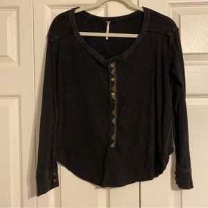 Free People Charcoal Black Embroidered Button Top